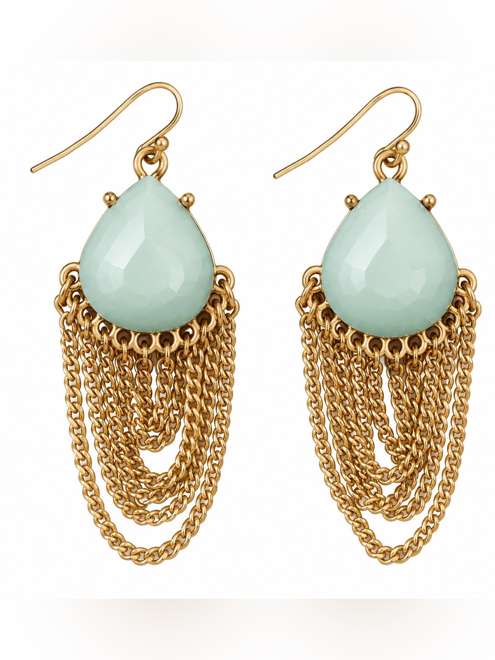 Mint Green Faceted Teardrop Gold Chain Tassel Earrings β Boho Statement Dangles